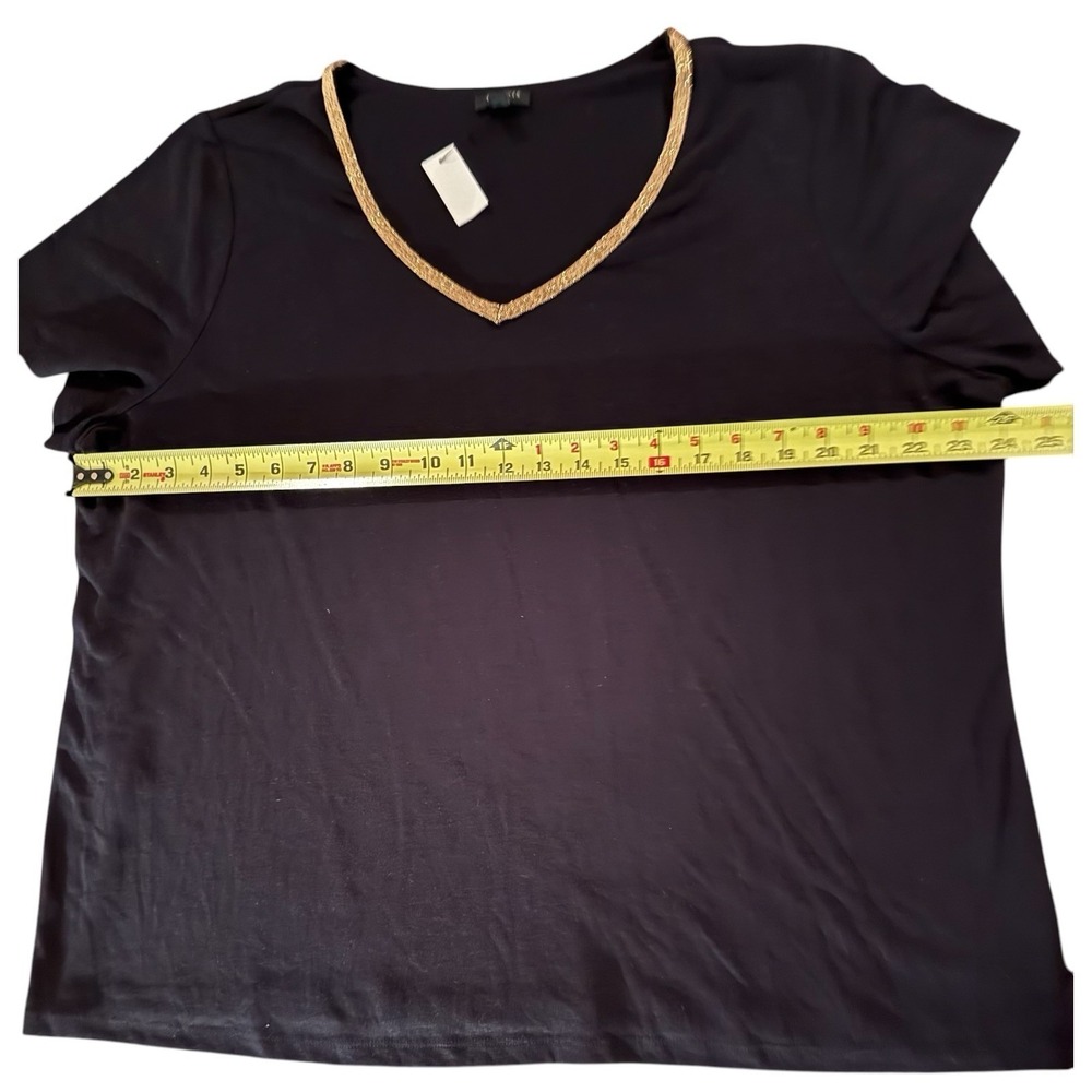Talbots Black V Neck Top Women's 2X Metallic Gold Trim Short Sleeve Knit Casual - Picture 7 of 8